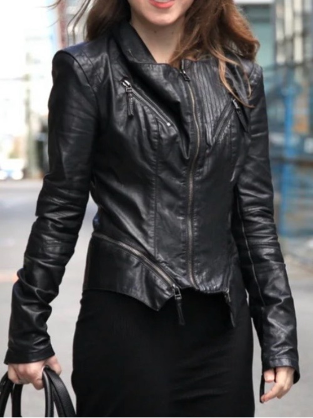 BlankNYC black faux leather moto jacket Size S Vegan Bikercore Edgy Asymmetrical